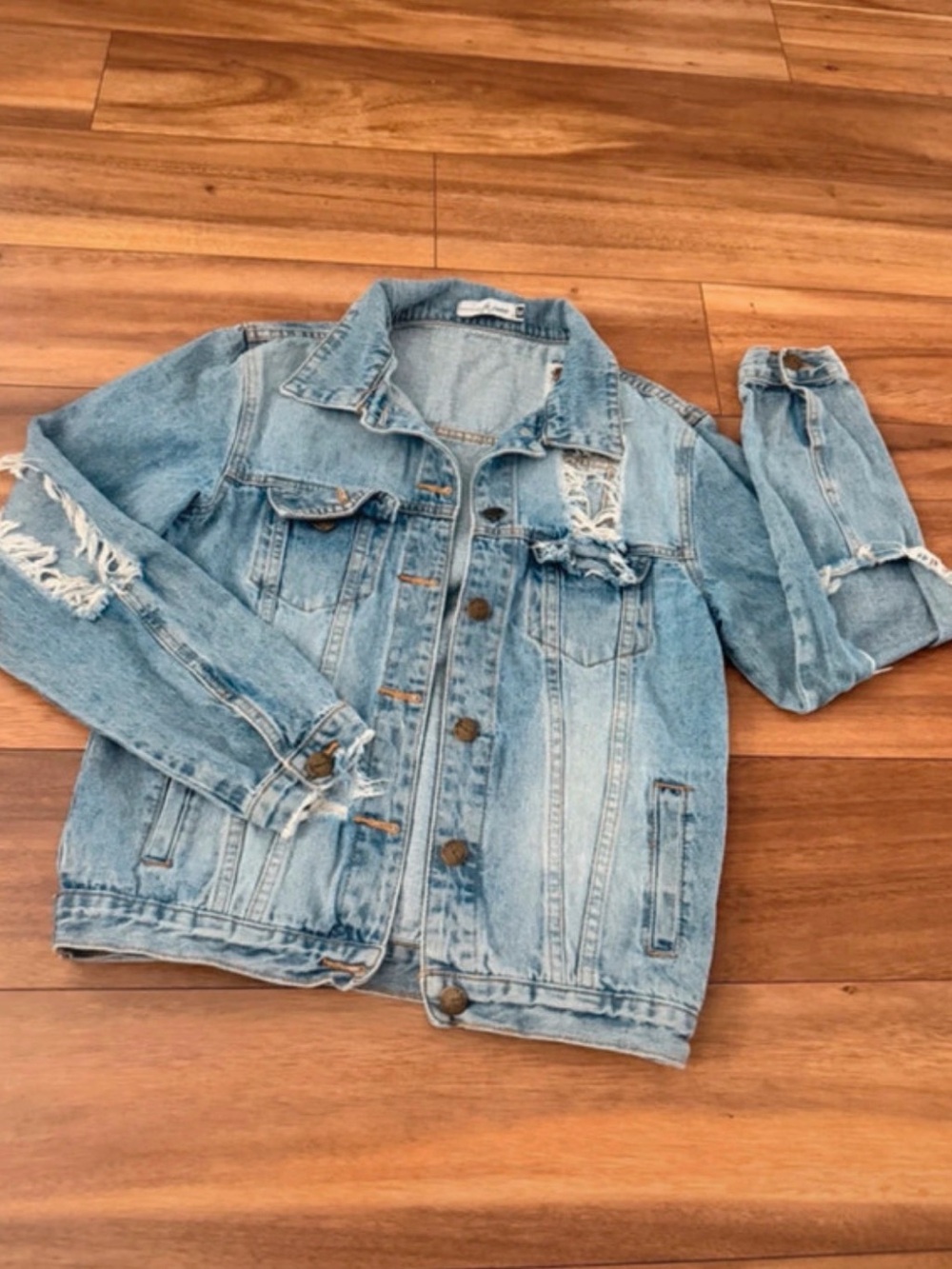 Light Wash Distressed Denim Jacket - Light Blue
